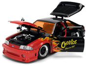 1989 Ford Mustang GT Black with Red Flame Graphics and Chester Cheetah Diecast Figure "Cheetos Flamin' Hot" "Hollywood Rides" Series 1/24 Diecast Model Car by Jada image 2
