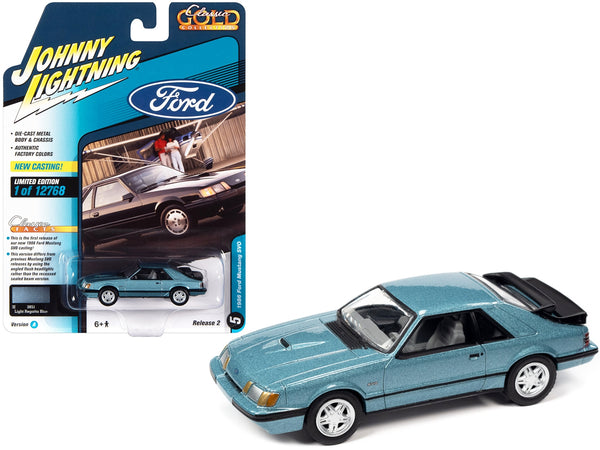 Johnny Lightning 1986 Ford Mustang SVO in Light Regatta Blue with black stripes.