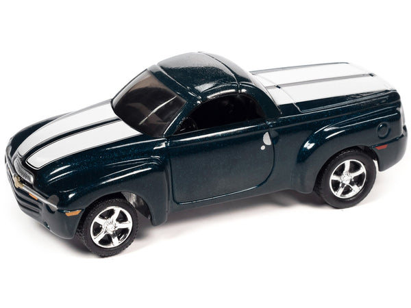 Johnny Lightning 1:64 2005 Chevrolet SSR pickup in Bermuda Blue metallic with white stripes, front three-quarter view.
