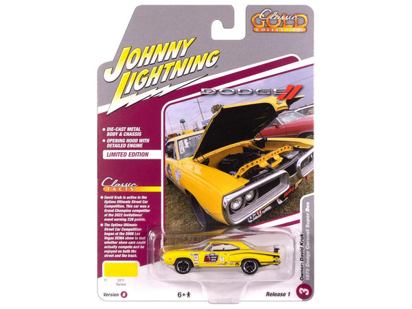 Johnny Lightning 1970 Dodge Super Bee #1 David Kruk in Banana Yellow with black details.