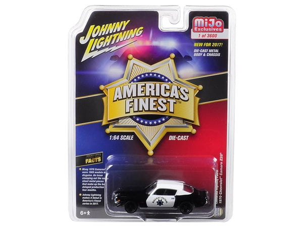 Johnny Lightning 1970 Camaro Z28 in black and white California Highway Patrol livery.