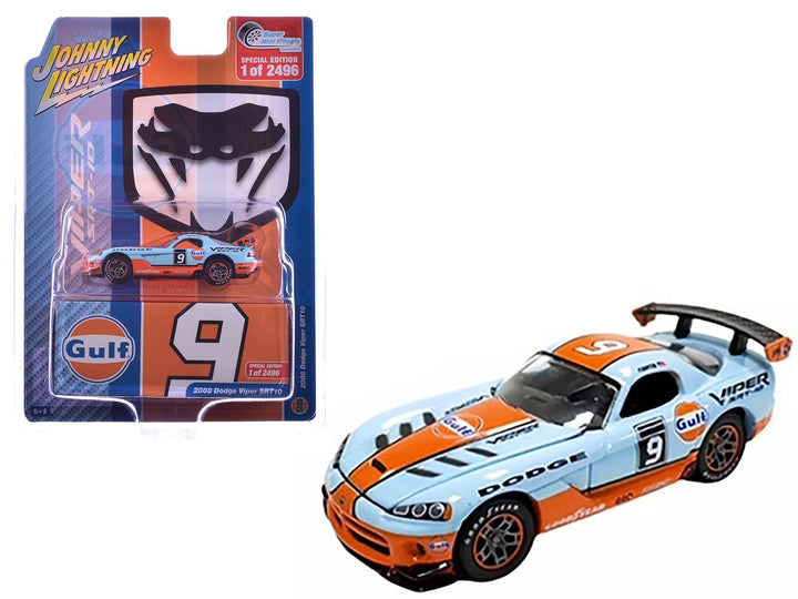 2008 Dodge Viper SRT10 #9 "Gulf Oil" Light Blue and Orange Limited Edition to 2496 pieces Worldwide 1/64 Diecast Model Car by Johnny Lightning image 2