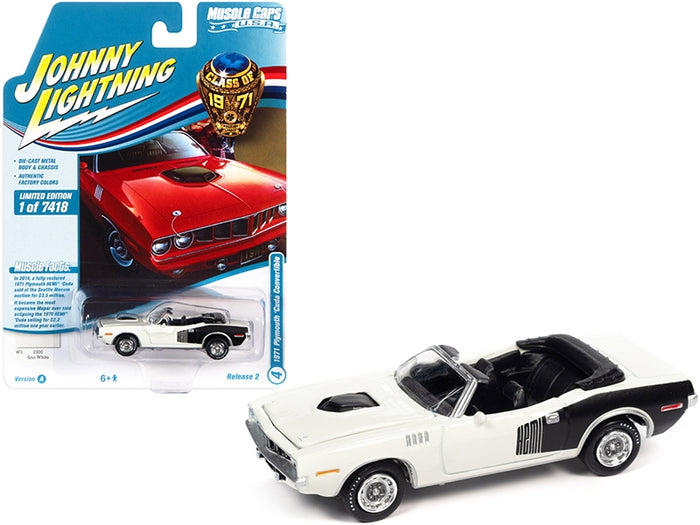 Johnny Lightning 1971 Plymouth Barracuda convertible in Sno White with black Hemi graphics.