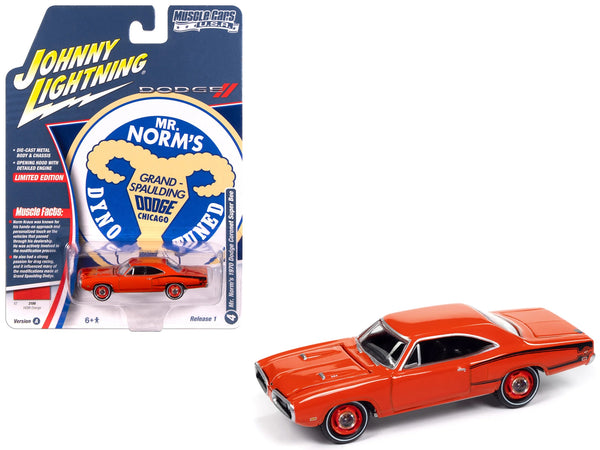 Johnny Lightning 1970 Dodge Super Bee Mr. Norm's in Hemi Orange with black details.