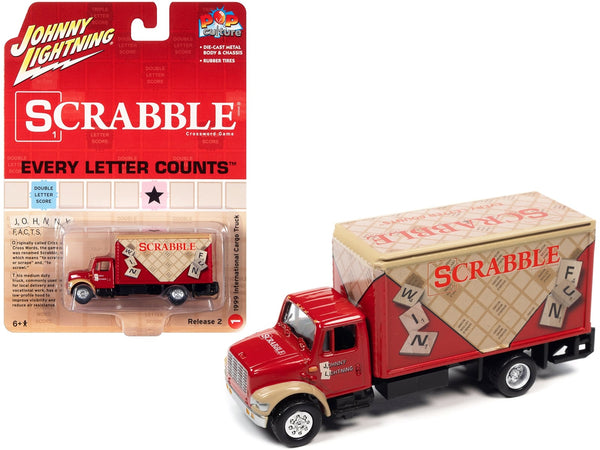 Johnny Lightning 1999 International cargo truck in red with Scrabble graphics.