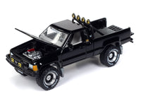 Johnny Lightning 1:64 black 1985 Toyota SR5 pickup, Mystery Matinee release, with hood open.