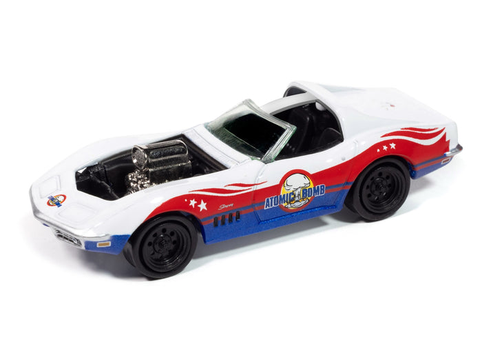 Johnny Lightning 1969 Corvette Atomic Bomb in white with Stuntman Mike graphics.