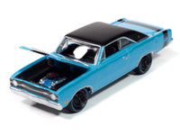 Johnny Lightning 1969 Dodge Dart GTS 340 in blue with Goodyear Blue Streak graphics.