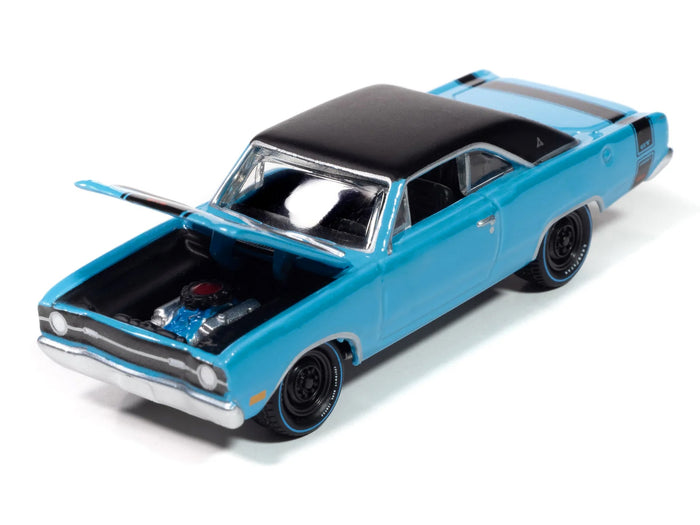 Johnny Lightning 1969 Dodge Dart GTS 340 in blue with Goodyear Blue Streak graphics.