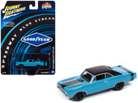 Johnny Lightning 1969 Dodge Dart GTS 340 in blue with Goodyear Blue Streak graphics.