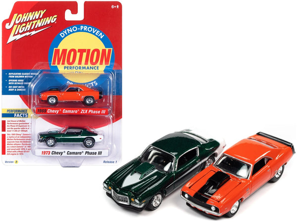 Johnny Lightning Baldwin Motion Camaro two-pack in orange and green.