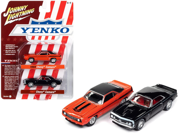 Johnny Lightning Yenko Camaro two-pack, orange 1969 Camaro and black 1967 Camaro.