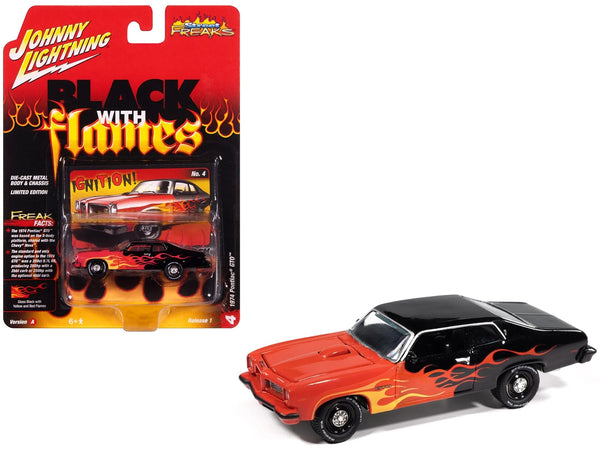 Johnny Lightning 1974 Pontiac GTO in black with red flames.