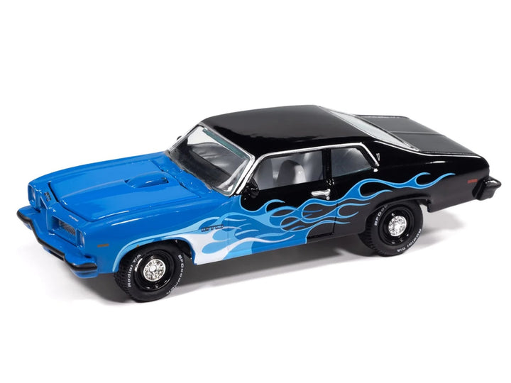 1974 Pontiac GTO Black and Blue with Blue Flame Graphics with White Interior "Black with Flames" Series 1/64 Diecast Model Car by Johnny Lightning image 2