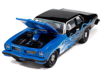 Johnny Lightning 1974 Pontiac GTO in black and blue with blue flames.