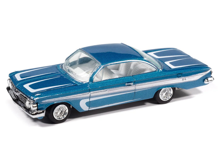 1961 Chevrolet Impala SS 409 Blue Metallic with White Stripes and Interior "Scrapin'" Series 1/64 Diecast Model Car by Johnny Lightning image 2