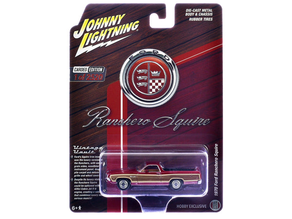 Johnny Lightning 1970 Ford Ranchero Squire in red with woodgrain sides.