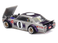 Kaido House x MINI GT 1:64 Skyline KPGC10 Kaido Works V1 #0, silver with purple stripes.