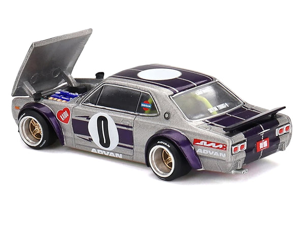 Kaido House x MINI GT 1:64 Skyline KPGC10 Kaido Works V1 #0, silver with purple stripes.