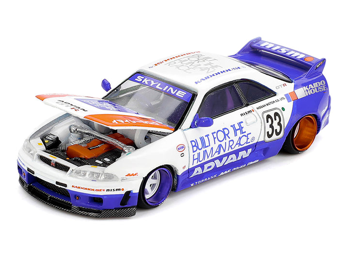 Nissan Skyline GT-R (R33) RHD (Right Hand Drive) #33 "BFTHR V1" Blue and White with Graphics (Designed by Jun Imai) "Kaido House" Special 1/64 Diecast Model Car by Mini GT image 2
