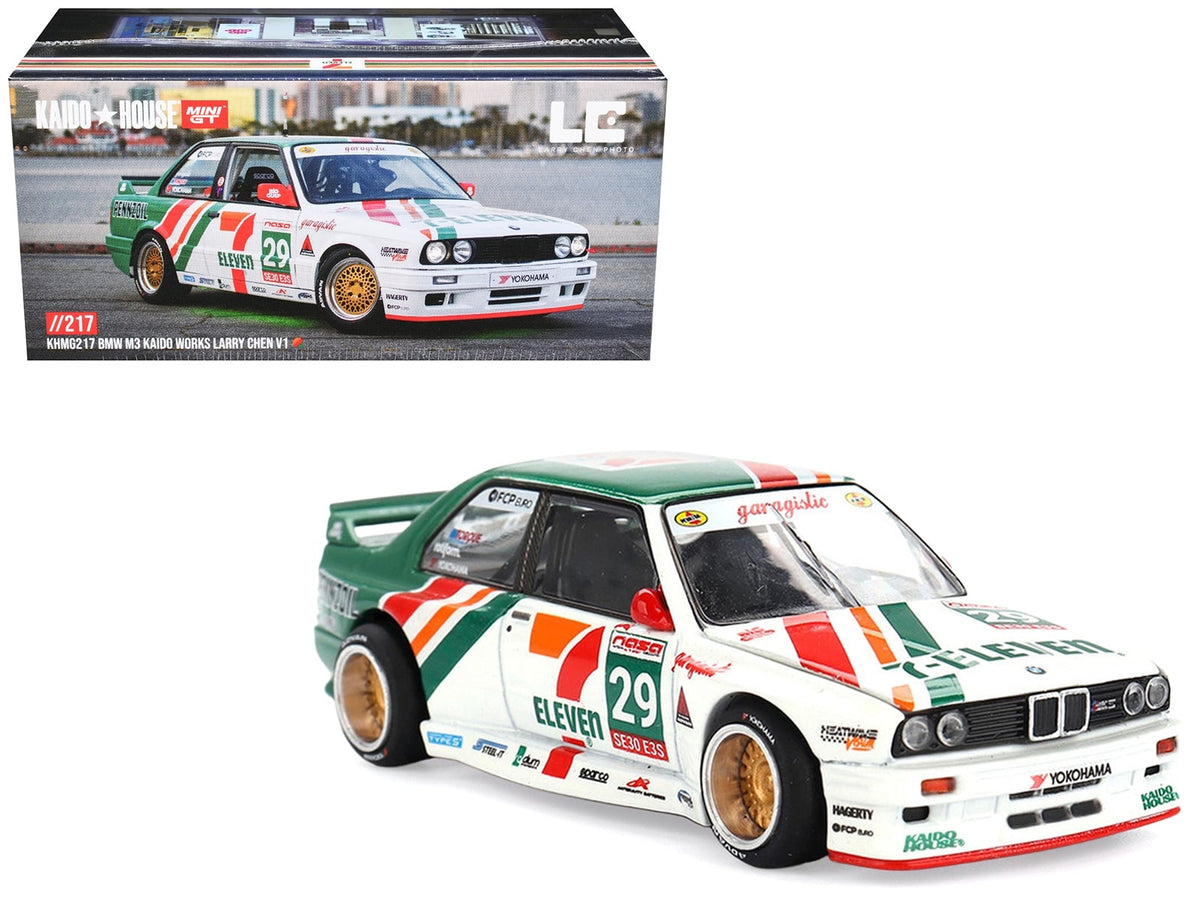 BMW M3 "Kaido Works Larry Chen V1" #29 "7-Eleven" White and Green with Graphics (Designed by Jun Imai) "Kaido House" Special 1/64 Diecast Model Car by Mini GT