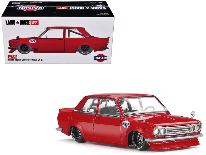 Kaido House x MINI GT 1:64 Datsun 510 Street NISMO V3 in red metallic.