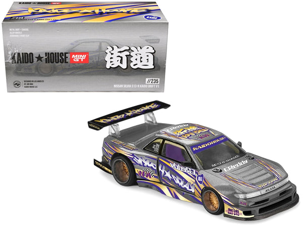 Kaido House x MINI GT 1:64 Nissan Silvia S13-R Kaido Drift V1 in gray metallic.