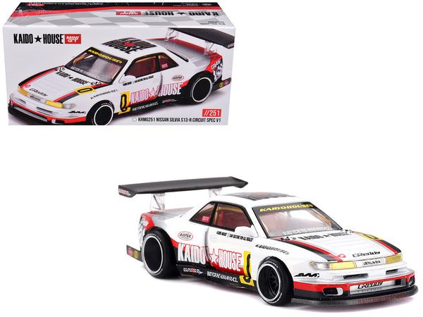 Kaido House x MINI GT 1:64 Nissan Silvia S13-R Circuit Spec V1 in white with graphics.