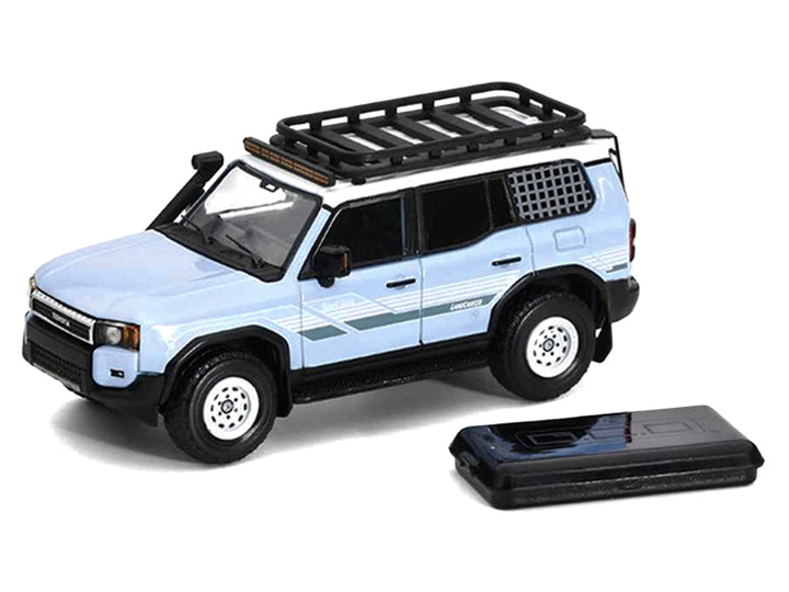 2024 Toyota Land Cruiser Prado Light Blue with White Top and Stripes with Roof Rack and Accessory 1/64 Diecast Model Car by GCD image 2