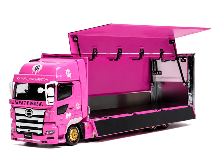 Hino 700 Transporter RHD (Right Hand Drive) "LB-Trucks - Kayano_Distr." Pink Metallic with Graphics 1/64 Diecast Model by GCD image 2