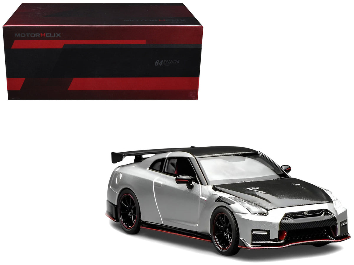 2022 Nissan GT-R Nismo (R35) RHD (Right Hand Drive) Ultimate Metal Silver Metallic with Carbon Hood and Top "Senior 64" Series 1/64 Diecast Model Car by MotorHelix