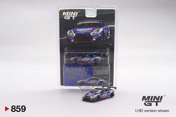 MINI GT 859 blue Nissan GT-R NISMO GT3 #56 REALIZE KONDO RACING 2023, shown with Super GT blister packaging.