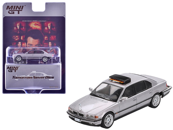 MINI GT 1:64 BMW 750iL in gray metallic, James Bond Tomorrow Never Dies release.