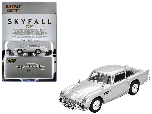 MINI GT 1:64 Aston Martin DB5 in Birch Silver, Skyfall damaged-version replica.