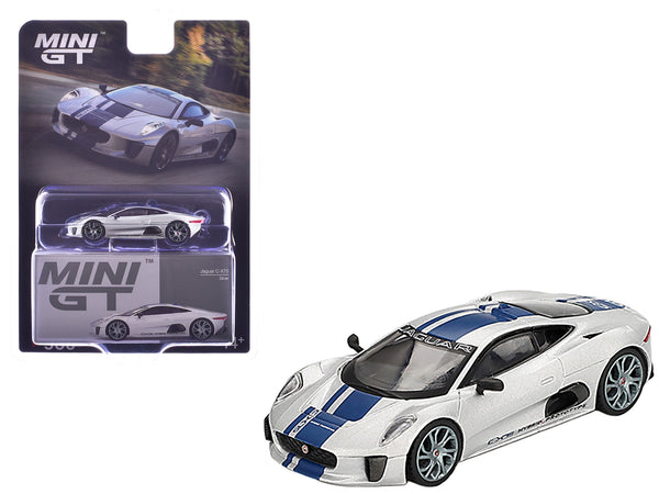 MINI GT 1:64 Jaguar C-X75 in silver metallic with blue stripes.