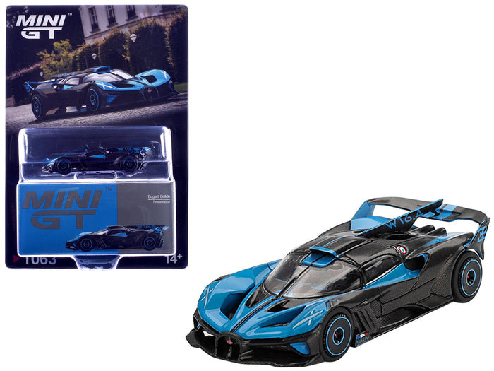 MINI GT 1:64 Bugatti Bolide in Presentation Blue with carbon-look detailing.