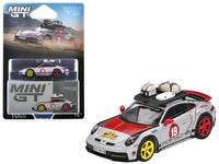MINI GT 1:64 Porsche 911 Dakar #19 Uncle Rally in gray with graphics and roof rack.