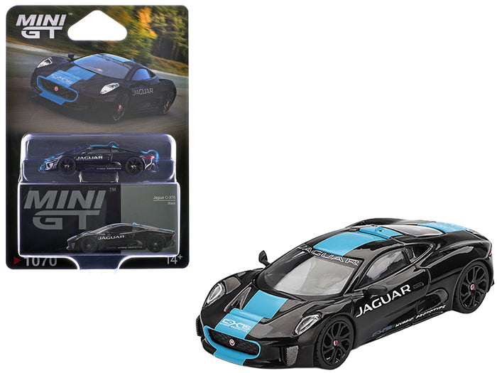 MINI GT 1:64 Jaguar C-X75 in black with light blue stripe.