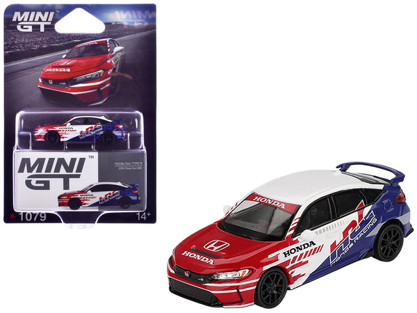 MINI GT 1:64 Honda Civic Type R HRC Pace Car 2024 in white with red and blue graphics.