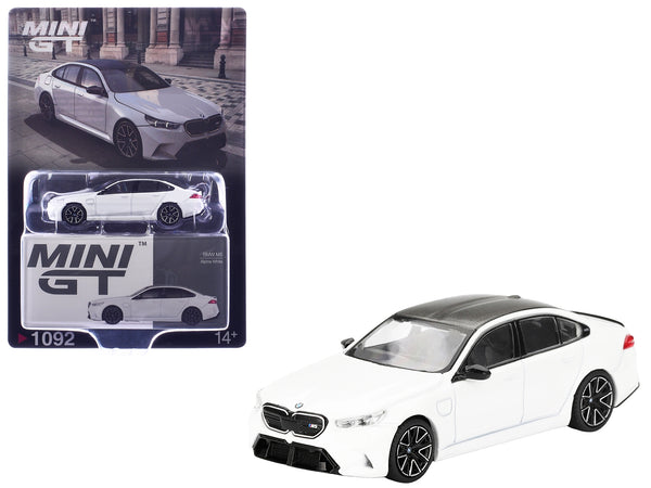 MINI GT 1:64 BMW M5 in Alpine White with carbon-look roof.