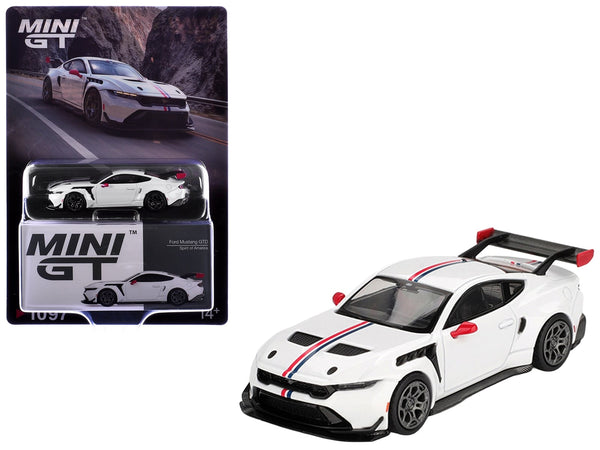 MINI GT 1:64 Ford Mustang GTD Spirit of America, white with red and blue stripes.