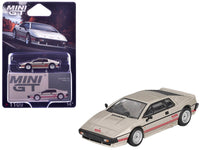 MINI GT 1:64 Lotus Esprit Turbo in silver metallic with red stripes.