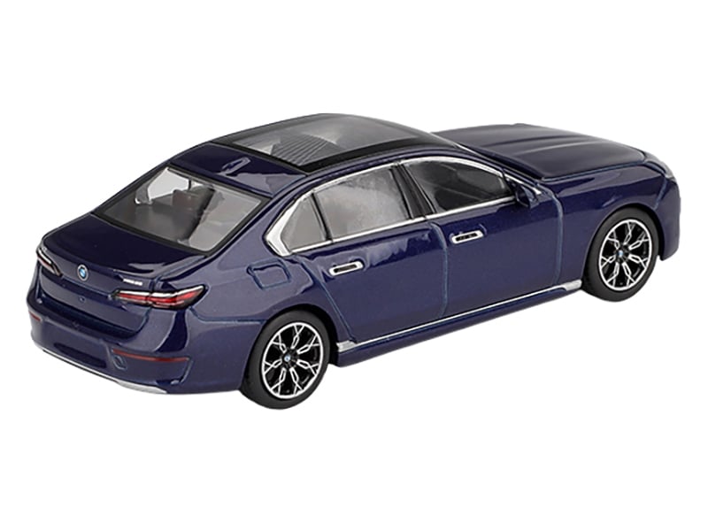 MINI GT 1:64 BMW i7 xDrive60 in Tanzanite Blue metallic with sunroof.