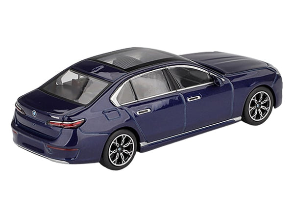 MINI GT 1:64 BMW i7 xDrive60 in Tanzanite Blue metallic with sunroof.