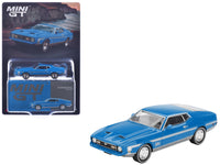 MINI GT 1:64 Ford Mustang Mach 1 in Grabber Blue with silver stripes.