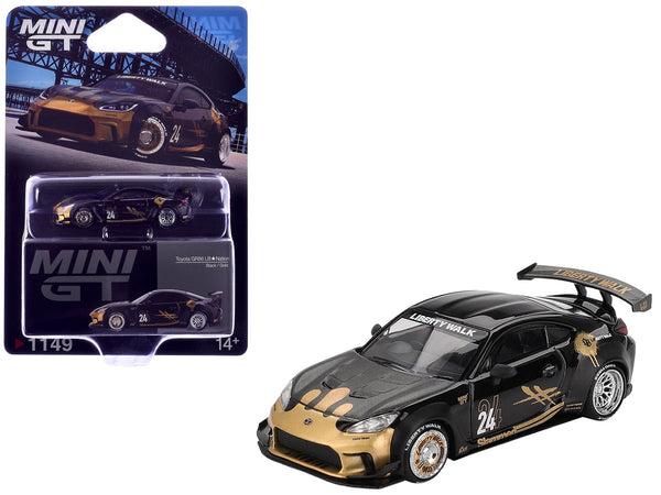 MINI GT 1:64 Toyota GR86 LB-Nation Liberty Walk #24 in black with gold graphics.