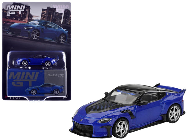 MINI GT 1:64 Nissan Z VeilSide FFZ400 in Seiran Blue metallic with black roof.