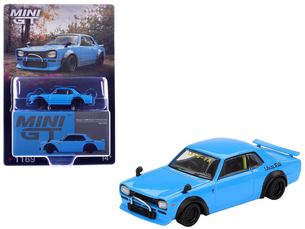 MINI GT 1:64 Nissan LB-Works Hakosuka in Baby Blue, right-hand-drive version.