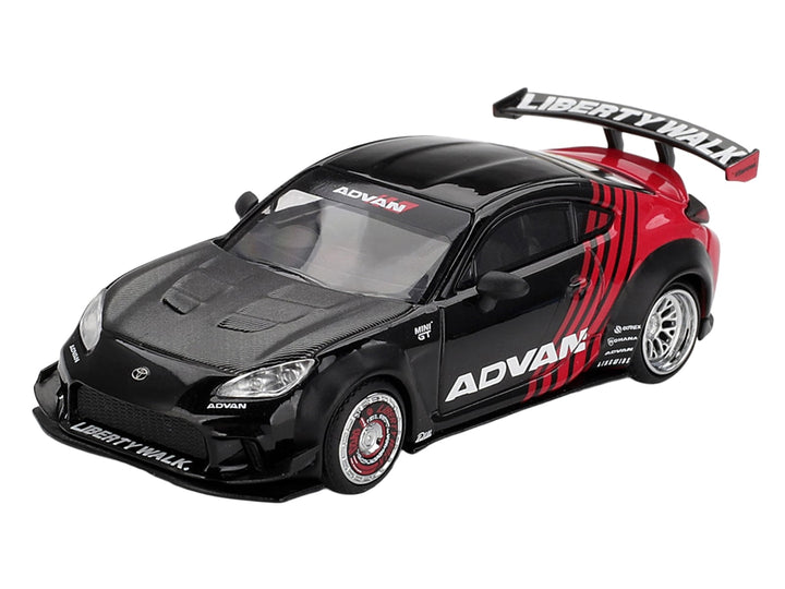 Toyota GR86 "LB-Nation - Liberty Walk" RHD (Right Hand Drive) "ADVAN" Black and Red with Carbon Hood Limited Edition 1/64 Die Cast Model Car by Mini GT image 2