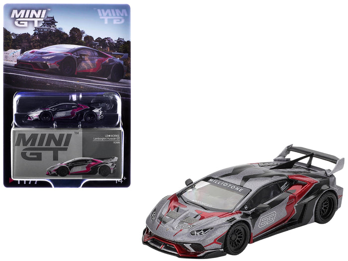 MINI GT 1:64 Lamborghini Huracan GT LB-Works RONIN in gray metallic with black and red graphics.